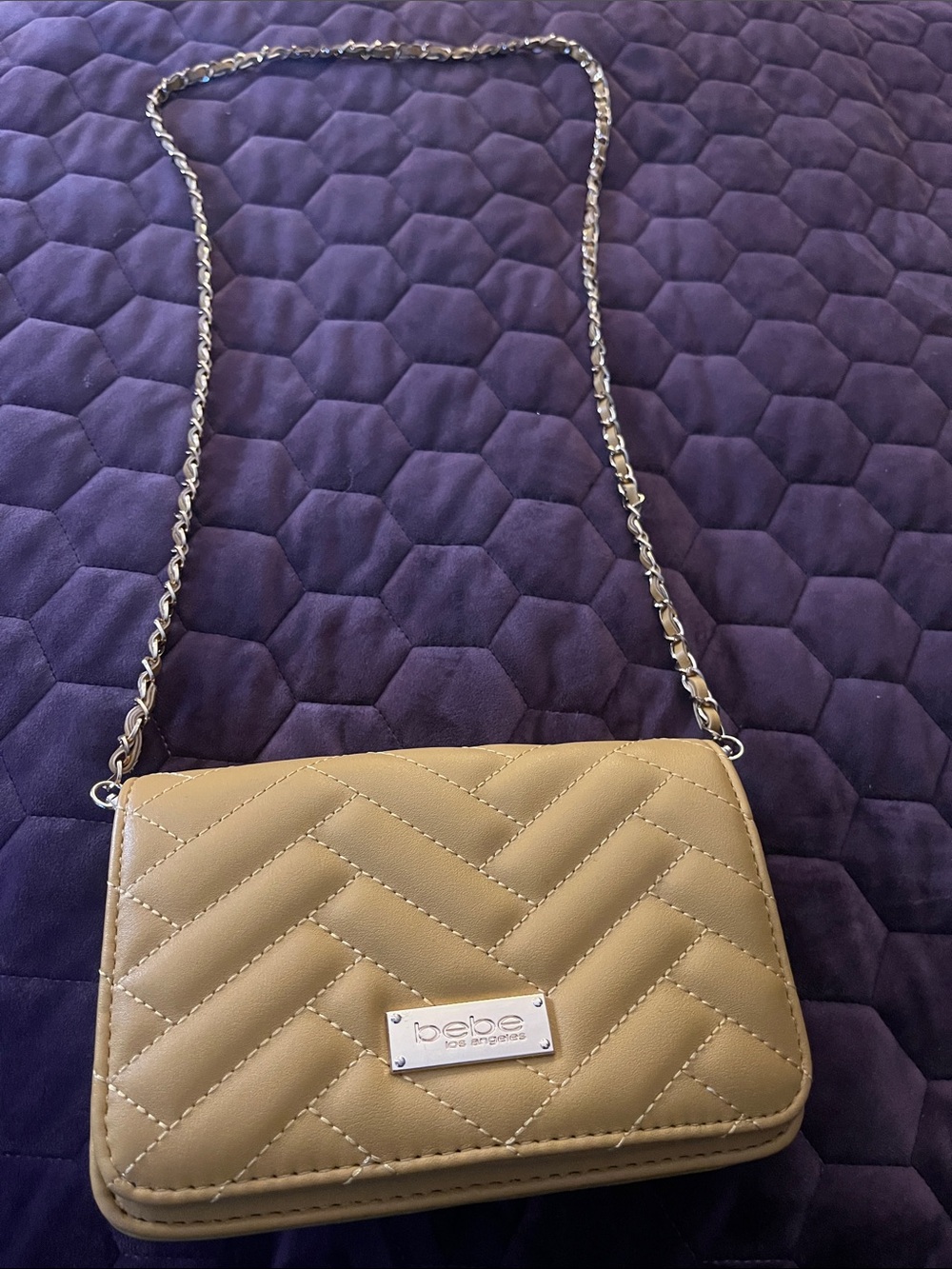 bebe Quilted Crossbody with Silver Chain in Beige